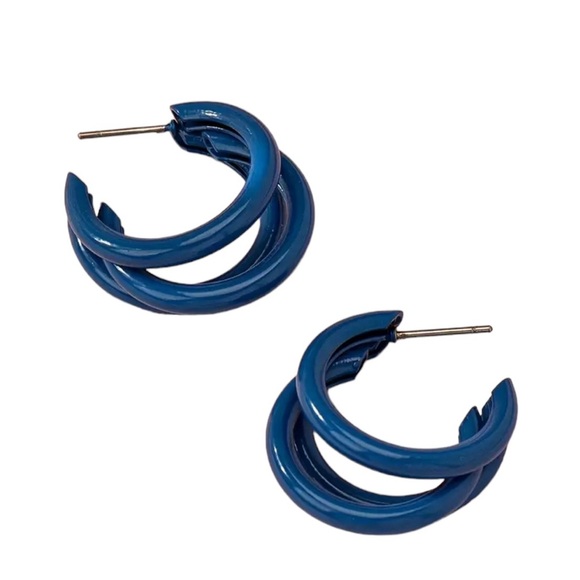 Geometric C Shaped Royal Blue Hoop Earrings - Picture 3 of 6